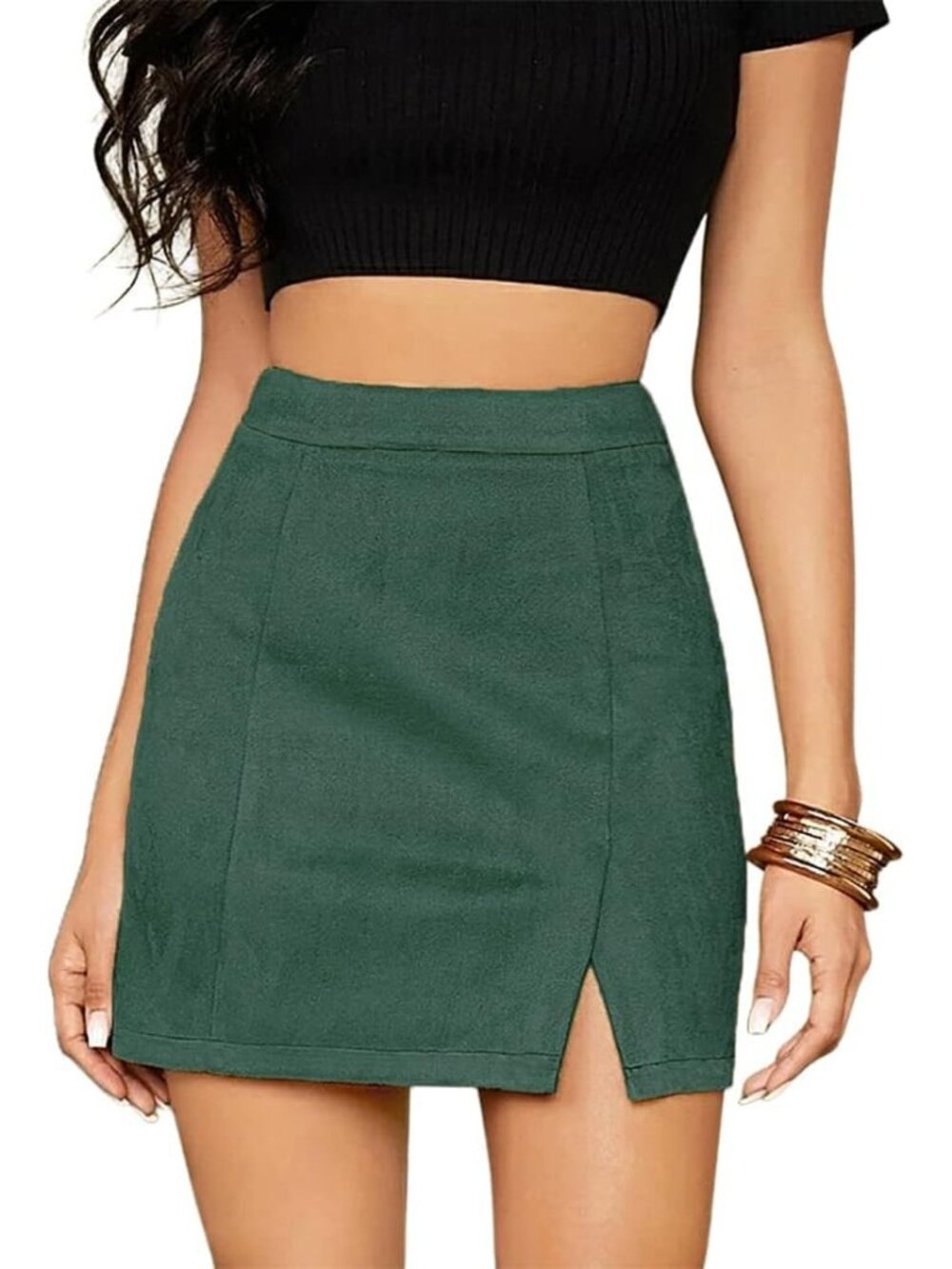 Women's Green Faux Suede High Waisted Side Split Bodycon Short A-Line Mini Skirt